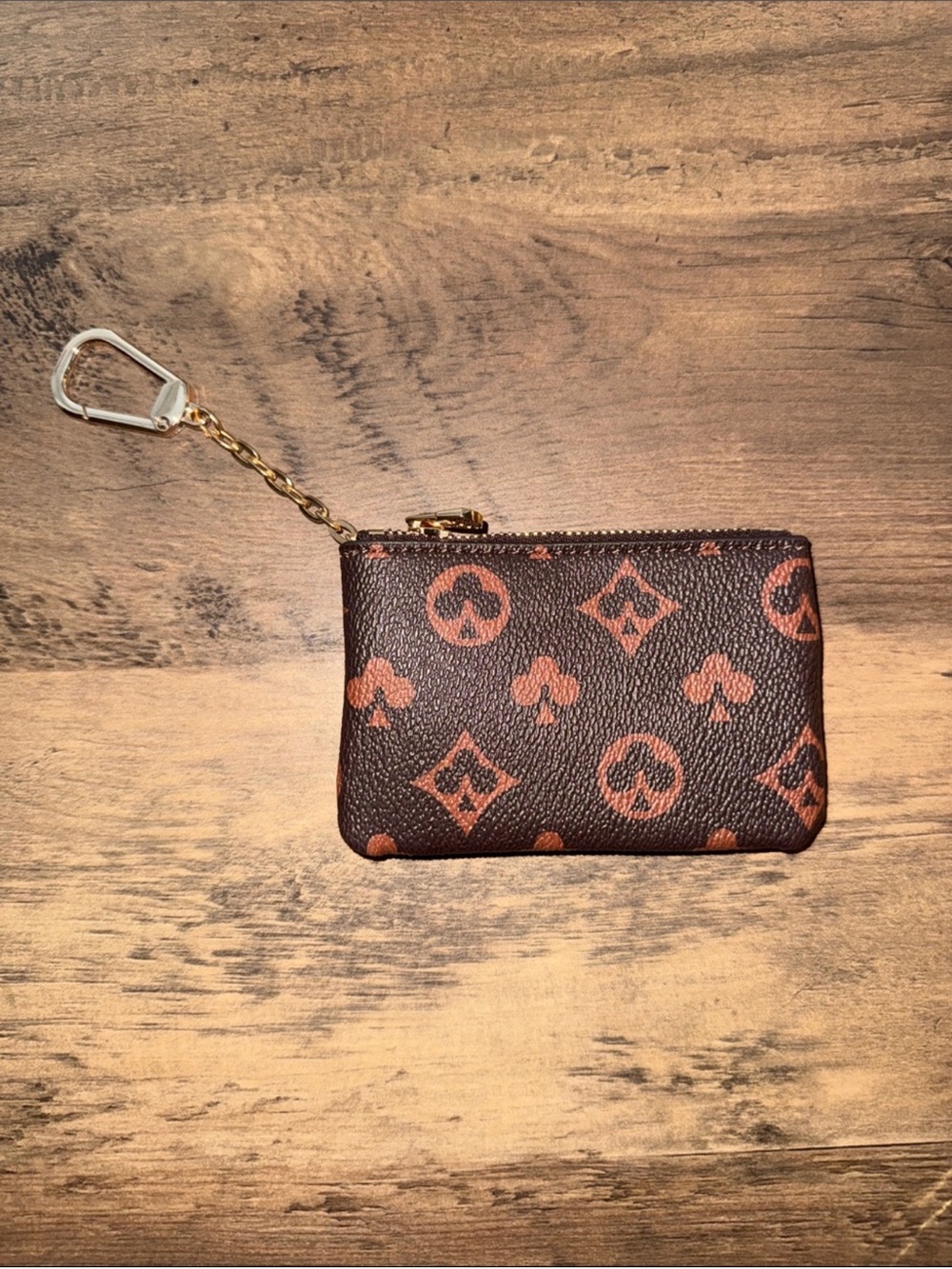 Designer Inspired Brown Monogram Zip Coin Pouch with Key Clip